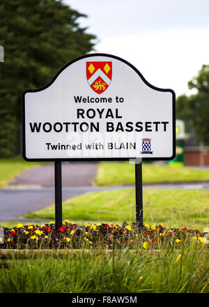 Royal Wootton Basset New Town Sign After The town was granted royal patronage in March 2011 by Elizabeth II Stock Photo