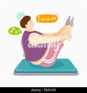 Fat man doing yoga counting dwon numbers on mat for diet with the words of I can do it in balloon word with sweat Stock Photo