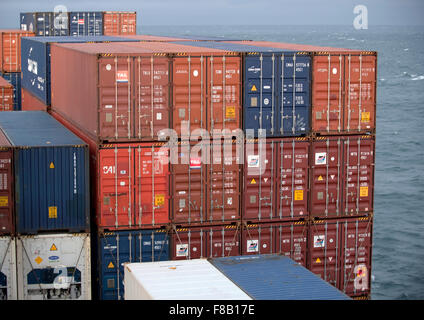 View of stacked containers in the bow of Container ship Utrillo en route to Savannah  US in the North Atlantic Ocean. Stock Photo