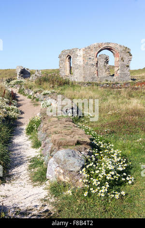 Pathway and church ruins on Llanddyn Island, Anglesey,Wales Stock Photo