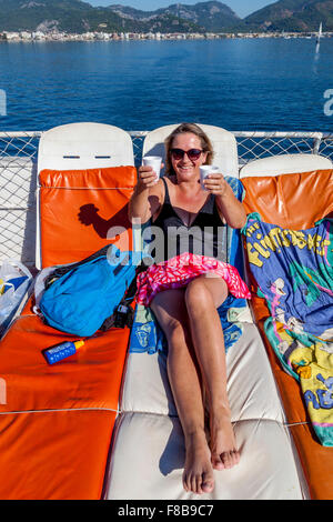 Middle Aged Woman On A Boat Trip, Marmaris, Mugla Province, Turkey Stock Photo