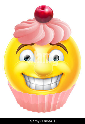 A cartoon pink cupcake cake emoji emoticon smiley face character Stock Photo