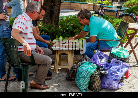 Turkish Men Playing Backgammon In The Street, Marmaris, Mugla Province, Turkey Stock Photo
