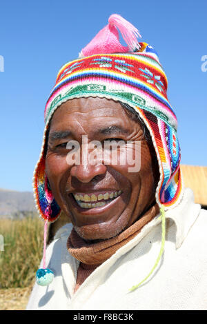 Uros Indian Man Wearing Colourful Knitted Hat Stock Photo