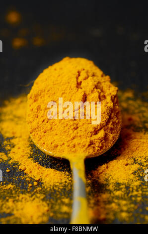 Turmeric powder in a metal spoon over wooden background Stock Photo