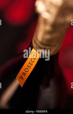 Close up detail of the label and neck of a bottle of Italian Prosecco wine. Stock Photo