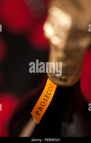 Close up detail of the label and neck of a bottle of Italian Prosecco wine. Stock Photo