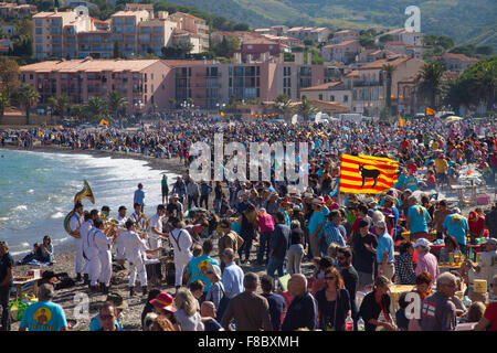 End of wine harvest celebration on the beach of Banyuls-sur-Mer South of France. Stock Photo