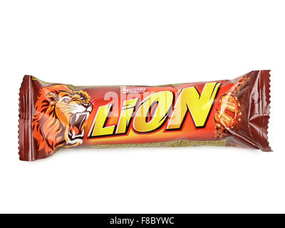 Lion bar isolated on white. Lion is a chocolate bar confection that is manufactured by Nestle Stock Photo