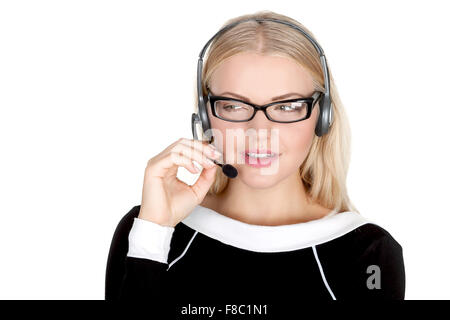 Call center support phone operator in headset isolated holding earphone Stock Photo