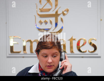 Emirates customer service desk at Aberdeen Airport in Aberdeen, Scotland. Stock Photo