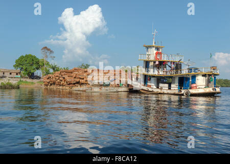 Barge transporting rainforest logs on the Amazon River, Amazona state, Brazil Stock Photo