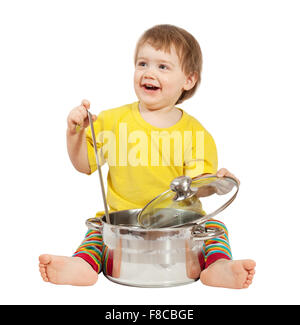 Baby cook with  pan. Isolated over white background Stock Photo