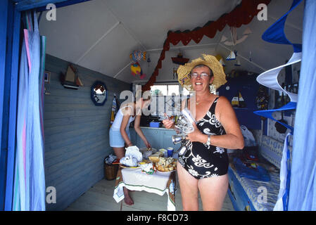 Beach hut interior at Chapel Point, Chapel St Leonards, Lincolnshire. England. UK Stock Photo