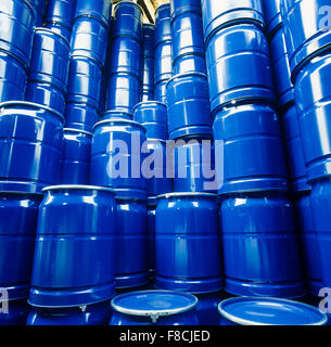 pile of blue chemical barrels Stock Photo