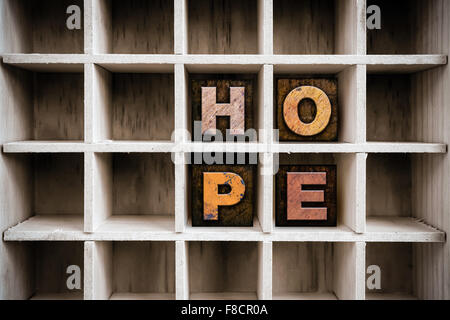 The word 'HOPE' written in vintage ink stained wooden letterpress type in a partitioned printer's drawer. Stock Photo