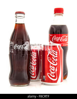 Collection of Coca-Cola Drinks in bottles and cans on a white background Stock Photo
