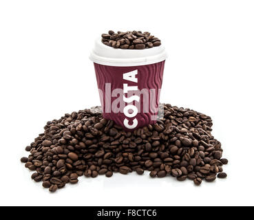 Costa Coffee cup with beans on a white background Stock Photo