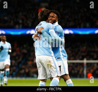 The Etihad Stadium, Manchester, UK. 08th Dec, 2015. Champions League. Manchester City versus Borussia Monchengladbach. Manchester City's David Silva is congratulated by Manchester City's Raheem Sterling after opening the scoring for City. Credit:  Action Plus Sports/Alamy Live News Stock Photo