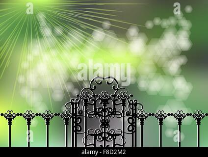 garden gate on green background with light Stock Vector