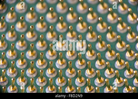 Close-up of Computer CPU Gold Contacts on a Green Background Stock Photo
