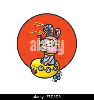 Vector Illustration of Cartoon Rabbit in Yellow Submarine Hand Draw Isolated on White Background Stock Vector