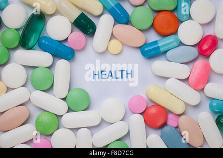 Word HEALTH written in a frame made with different types of medicine and pills Stock Photo