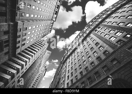 Black and white photo of buildings in Manhattan, NYC, USA.