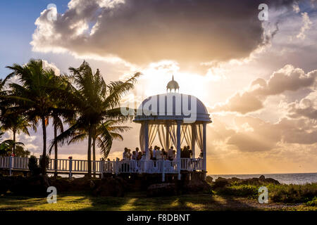 Wedding pavilion at Varadero beach with sunset in the resort Paradisus Varadero Resort SPA, romantic, romance, palm trees, Stock Photo