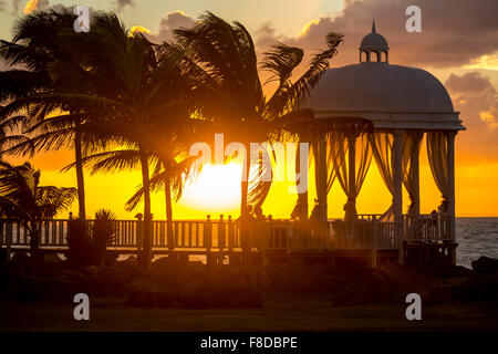 Wedding pavilion at Varadero beach with sunset in the resort Paradisus Varadero Resort SPA, romantic, romance, palm trees, Stock Photo