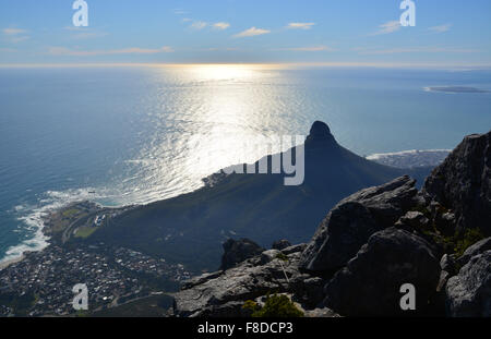 Lion's Head in Cape Town from Table Mountain with the Atlantic Ocean and Robben Island in the distance Stock Photo