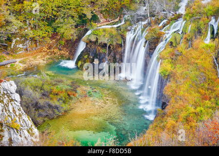 Waterfall in Plitvice Lakes National Park, autumn landscape, Croatia, UNESCO