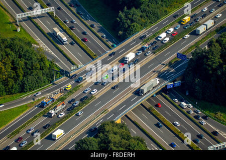 Traffic jam on the A43 and A40 bridge Ruhrschnellweg, Bochum, Ruhr area, North Rhine-Westphalia, Germany, Europe, Aerial view, Stock Photo
