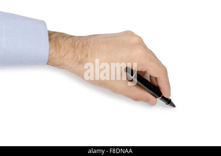 Hand with pen writing on white Stock Photo