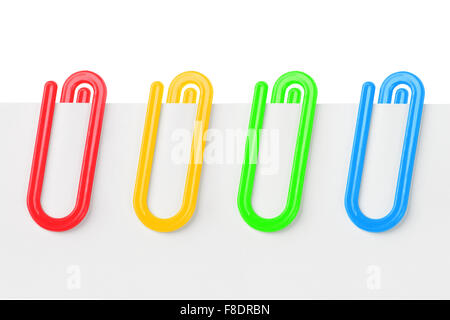 Row of Colourful Plastic Paper Clips on White Background Stock Photo