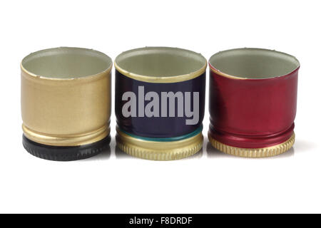 Metal Screw Caps For Whiskey Bottle on White Background Stock Photo