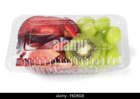 Mixed Cut Fruits in Plastic Box on White Background Stock Photo