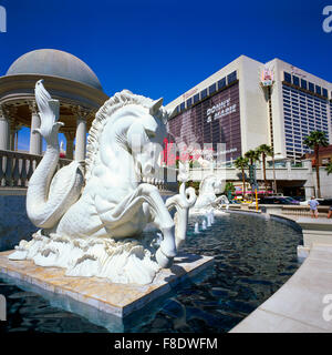 Las Vegas, Nevada, USA - Caesars Palace Fountain and Flamingo Las Vegas Hotel and Casino along The Strip (Las Vegas Boulevard) Stock Photo