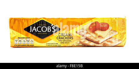 Packet of Jacobs Cream Crackers on a white background, and are made by United Biscuits (UK) Limited. Stock Photo