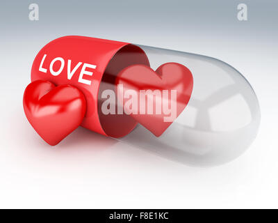 3d renderer illustration. Pill with red hearts. Valentine's day concept Stock Photo