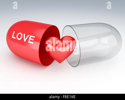 3d renderer illustration. Pill with red heart. Valentine's day concept Stock Photo