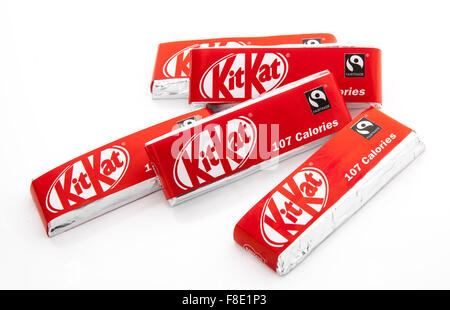 KitKat Chocolate-Covered Wafer Biscuit Bars on a White Background Stock Photo