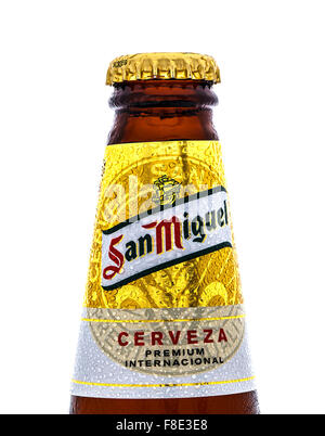 Bottle of Ice Cold San Miguel Beer on a white background, The original San Miguel Brewery was founded in 1890 in Philippines Stock Photo