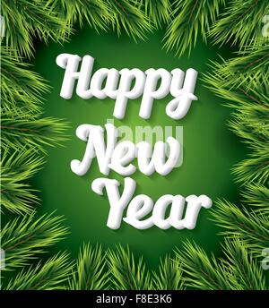 Happy New Year card with white text on green background and pine branch. New Year invitation. Vector illustration Stock Vector