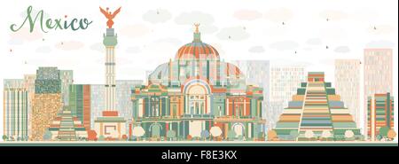Abstract Mexico skyline with color landmarks. Vector illustration. Business travel and tourism concept with historic buildings. Stock Vector