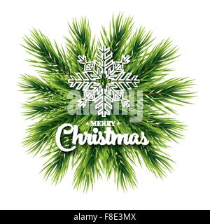 Merry Christmas lettering card with pine branch and snowflake. Vector illustration. New Year holiday concept for club or party Stock Vector