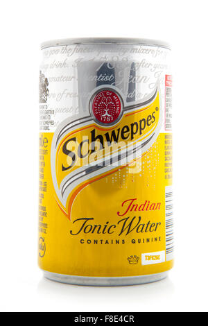 Can of Schweppes Tonic Water on withe background,  tonic water is the oldest soft drink in the world Stock Photo