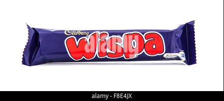 Wispa chocolate bar on a white background, Wispa is a brand of chocolate bar manufactured by Cadbury Stock Photo