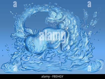 fruits of water. abstract water apple, pear and grapes Stock Vector