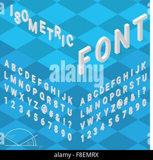 Isometric font alphabet with drop shadow on blue background Stock Vector